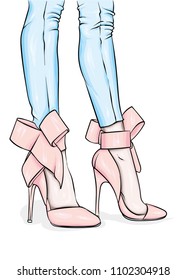 Long slender legs in tight trousers and high-heeled shoes. Fashion, style, clothing and accessories. Vector illustration. Stylish girl.