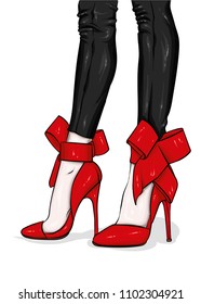 Long slender legs in tight trousers and high-heeled shoes. Fashion, style, clothing and accessories. Vector illustration. Stylish girl.