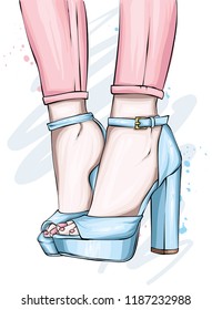 Long slender legs in tight trousers and high-heeled shoes. Fashion, style, clothing and accessories. Vector illustration. Stylish girl.
