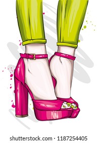 Long slender legs in tight trousers and high-heeled shoes. Fashion, style, clothing and accessories. Vector illustration. Stylish girl.
