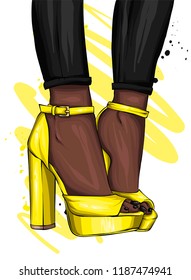 Long slender legs in tight trousers and high-heeled shoes. Fashion, style, clothing and accessories. Vector illustration. Stylish girl.
