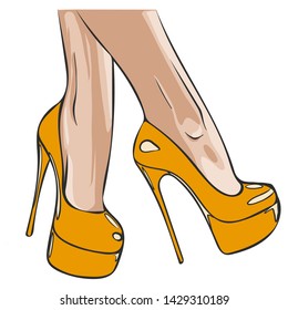 Long slender legs in tight trousers and high-heeled shoes. Fashion, style, clothing and accessories. Vector illustration. Stylish girl.