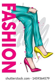 Long slender legs in tight trousers and high-heeled shoes. Fashion, style, clothing and accessories. Vector illustration. Stylish girl.