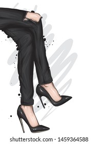 Long slender legs in tight trousers and high-heeled shoes. Fashion, style, clothing and accessories. Vector illustration. Stylish girl.