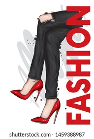 Long slender legs in tight trousers and high-heeled shoes. Fashion, style, clothing and accessories. Vector illustration. Stylish girl.