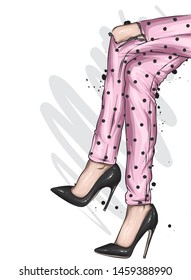 Long slender legs in tight trousers and high-heeled shoes. Fashion, style, clothing and accessories. Vector illustration. Stylish girl.