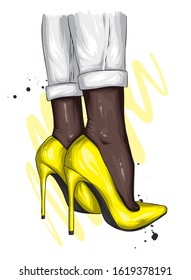Long slender legs in tight trousers and high-heeled shoes. Fashion, style, clothing and accessories. Vector illustration. Stylish girl.