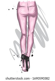 Long slender legs in tight trousers and high-heeled shoes. Fashion, style, clothing and accessories. Vector illustration. Stylish girl.