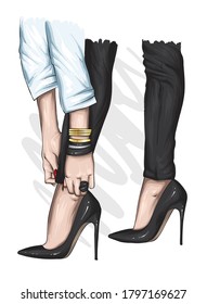 Long slender legs in tight trousers and high-heeled shoes. Fashion, style, clothing and accessories. Vector illustration. Stylish girl.