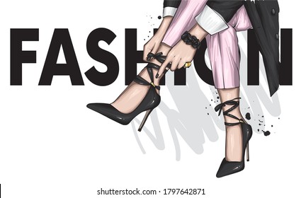 Long slender legs in tight trousers and high-heeled shoes. Fashion, style, clothing and accessories. Vector illustration. Stylish girl.