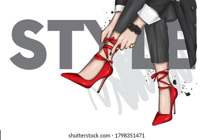 Long slender legs in tight trousers and high-heeled shoes. Fashion, style, clothing and accessories. Vector illustration. Stylish girl.