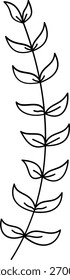 Elemento de design de arte de linha vertical longo e fino com folhas estilizadas densamente embaladas em um tronco central