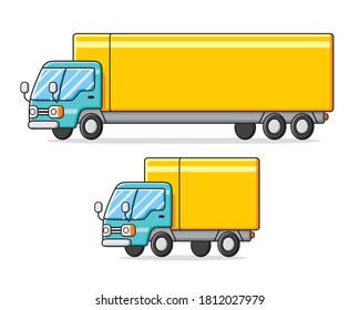 Long And Small Delivery Van Truck Vehicle Isolated Cartoon Vector Set