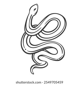 Icono de línea de serpiente larga. Esquema de reptil estilizado vintage dibujado a mano con cuerpo y cola retorcidos, serpiente de rocas y bosque. Naturaleza, mascota animal, Ilustración vectorial de icono de serpiente en espiral simple