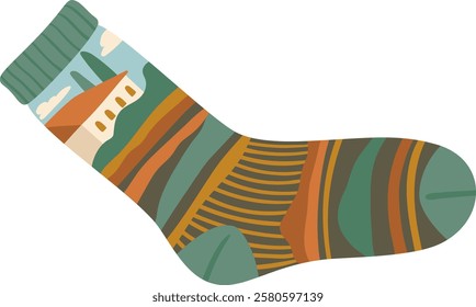 Long sock with a tuscan landscape and colorful stripes is lying on a white background, perfect for representing fashion, clothing, or tuscany