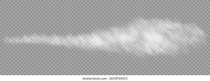 Long, soft gray smoke trail isolated on a transparent background. Ideal for fire, explosion, exhaust, or fog effects in game design, visual effects, and cinematic scenes.
