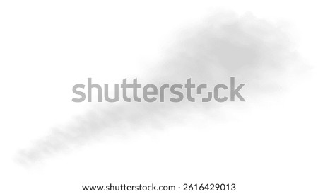 Long, soft gray smoke trail isolated on a transparent background. Ideal for fire, explosion, exhaust, or fog effects in game design, visual effects, and cinematic scenes.

