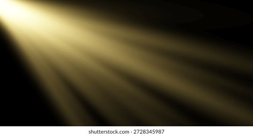 Largos y suaves rayos de luz amarillo-dorado que brillan desde la parte superior sobre fondo negro. Efecto de rayos de luz abstractos brillantes cálidos.