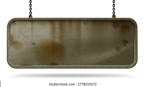 Long solid iron dirty and rusty signboard with a riveted frame hanging on chains isolated on white. Empty grunge framed techno banner. Vector illustration