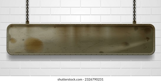 A long solid iron dirty and rusty sign with a riveted frame hanging on chains on a white brick wall. Empty grunge framed techno banner. Vector illustration