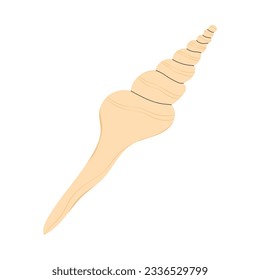 Long spiral sea shell, marine mollusc. Nautical seashell. Underwater shellfish of horn shape. Undersea striped mollusk. Swirled clam icon. Flat vector illustration isolated on white background