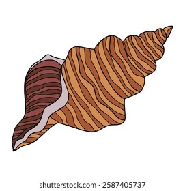 Long spiral sea shell, marine mollusc. Nautical seashell. Underwater shellfish of horn shape. Undersea striped mollusk. Swirled clam icon. Flat vector illustration isolated on white background