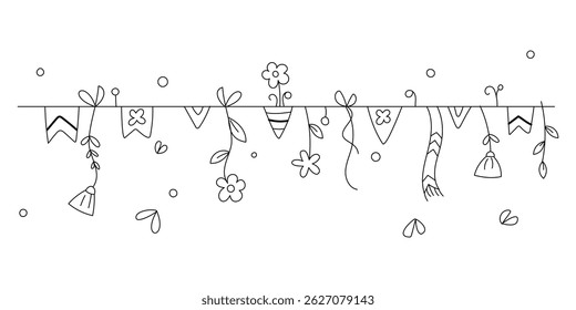Long spring summer garland with flowers, flags. Black and white illustration for design of postcards, banners, leaflets, invitations, coloring books