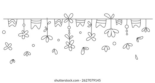 Long spring summer garland with flowers, flags. Black and white illustration for design of postcards, banners, leaflets, invitations, coloring books