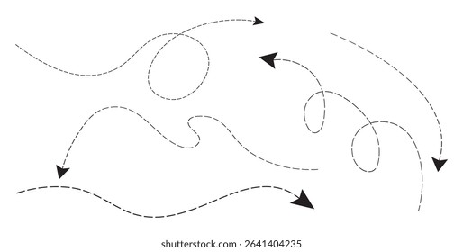 Long squiggle dashed, dotted line arrow. Curved dotted arrow. Black arrow with black dotted line. Vector icon on white background. Vector Illustration.