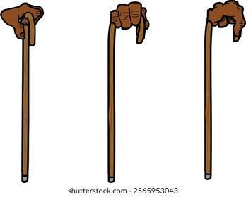 Long stick in old mans hand with different poses