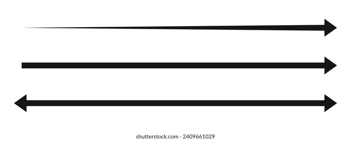 Long straight arrow and double arrow icons. Black horizontal pointer, direction, position or location and width signs isolated on white background. Vector graphic illustration