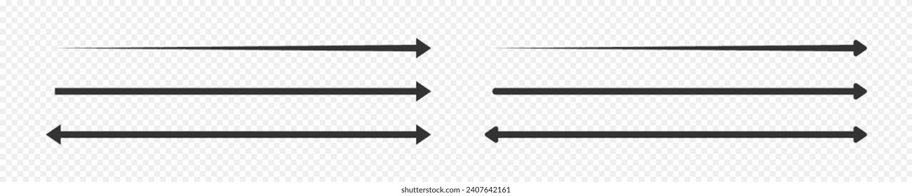 Long straight arrow icons. Black horizontal pointer, direction, transfer, position or location and width signs isolated on transparent background. Vector graphic illustration.