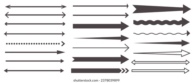 Long straight arrow set. Horizontal right black lines. Basic simple pointer. Vector illustration isolated on white background.