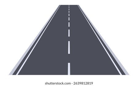 Long straight asphalt road disappearing into the horizon on a white background, representing concepts such as travel, journey, destination, and future