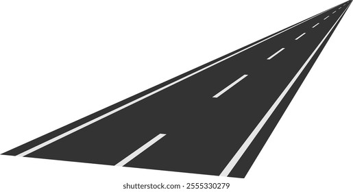 Long straight asphalt road with white dashed lines disappearing into the distance creating a vanishing point, symbolizing journey, travel, and future possibilities