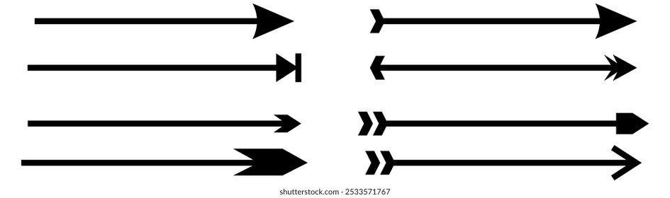 Long straight black arrows. A set of direction indicators up, down or right, left. Isolated vector illustration on white background.