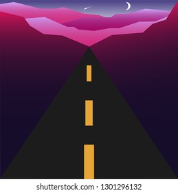 long straight road in the mountains at night, Road to mountains, Vector illustration landscape background
