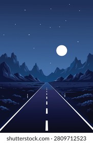 A long, straight road stretches into the distance under a dark, starry night sky with a full moon and majestic mountains on the horizon.