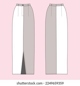 Long Straight Skirt Vector. Flat design, technical drawing. Front and back view.