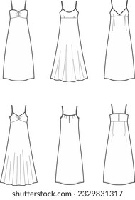 Long strap maxi dress flat sketch. Summer gown set apparel design. Front view. Women CAD mockup. Technical drawing template. Vector illustration.