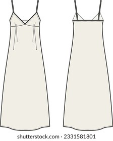 Long strap maxi dress flat sketch. Summer gown apparel design. Front and back. Women CAD mockup. Technical drawing template. Vector illustration.