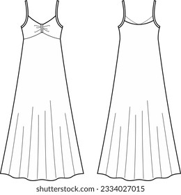 Long strap maxi dress flat sketch. Summer gown apparel design. Front and back. Women CAD mockup. Technical drawing template. Vector illustration.