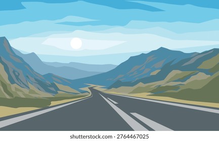 A long stretch of road winds through green hills and majestic mountains, glistening under a brilliant sun. This scene captures a moment of freedom and exploration, inviting journeys ahead.