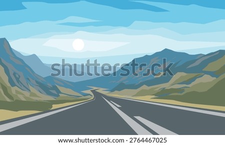 A long stretch of road winds through green hills and majestic mountains, glistening under a brilliant sun. This scene captures a moment of freedom and exploration, inviting journeys ahead.