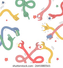 Long stretched hands background. Human arms holding different items, long curved limbs, Hand gestures, flower, coin, smartphone heart and thumb up tidy cartoon flat isolated set