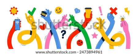 Long stretched hands. Multicolored human arms holding different items, long curved limbs, various gestures and symbols, smartphone, cup of coffee and coin, tidy vector cartoon flat isolated set