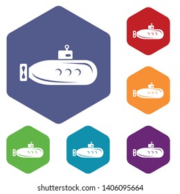 Long submarine icons vector colorful hexahedron set collection isolated on white