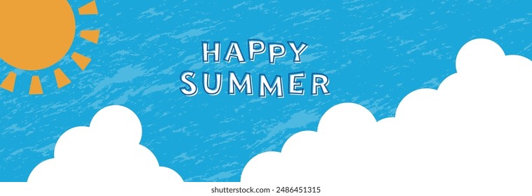 Long summer banner background with sun, clouds and crayon touch blue sky sideways