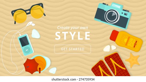 Long summer banner. Top view with sunglasses, sunscreen, camera, cocktail on the beach. Text outlined.