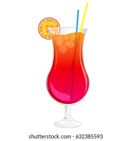 Long summer COCKTAIL in a glass with ice, orange and straws.